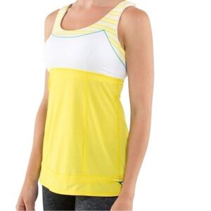 Lululemon Run Back on Track Tank Size 6 Yellow White Stripe Built In Bra Running